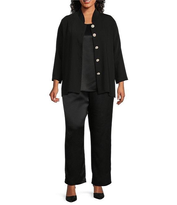 Caroline Rose Plus Size Matte Crepe Mandarin Collar 3/4 Sleeve Black Rhinestone Button Statement Jacket Product Image