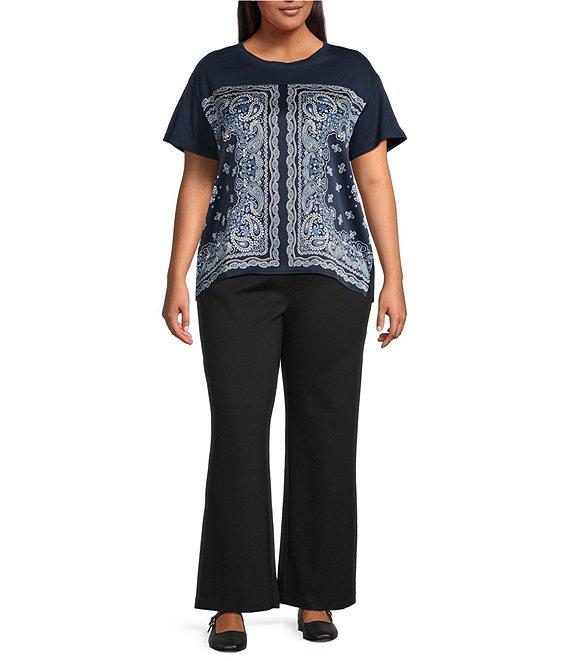 Skies Are Blue Plus Size Scarf Print Crew Neck Short Sleeve Mixed Media Top Product Image