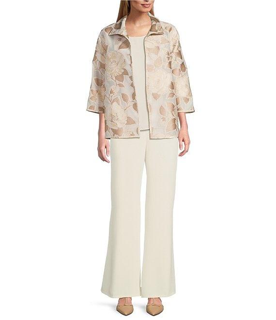 Caroline Rose Natural Beauty Floral Jacquard Fold-Back Stand Collar Bracelet Sleeve Open-Front Jacket Product Image
