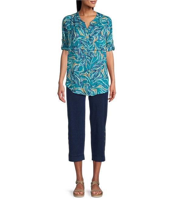 Intro Aimee Knit Denim Tummy Control Button Side Trim Pull-On Capri Pants Product Image