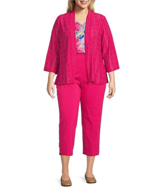 Allison Daley Plus Size 3/4 Sleeve Open-Front Eyelet Knit Cardigan Product Image