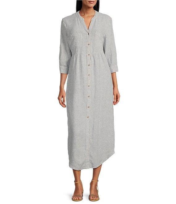 Westbound Stripe 3/4 Rolled Sleeve Y-Neck Button-Front Maxi Shirt Dress Product Image