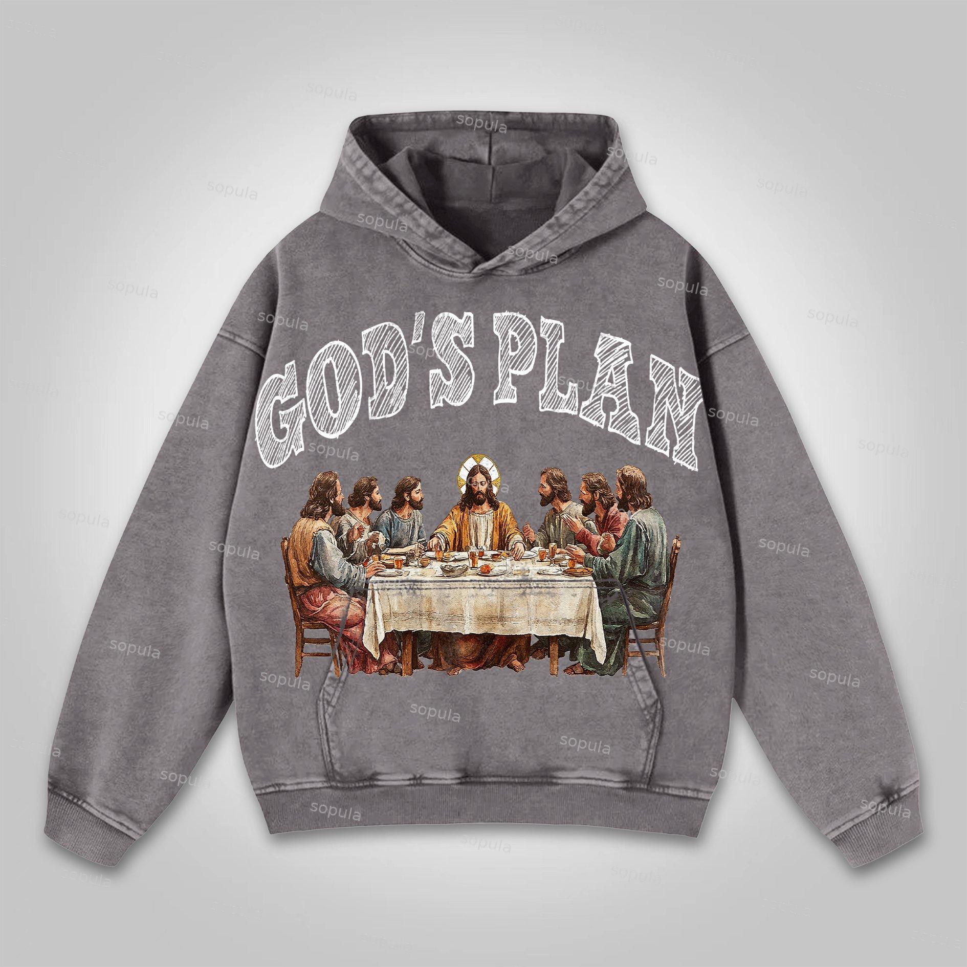Sopula Vintage God's Plan Faith Graphic Print Washed Hoodie Product Image