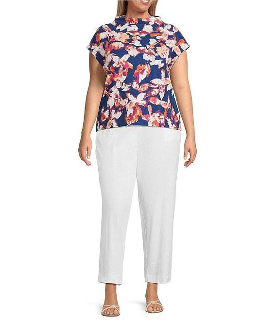 Investments Plus Size Knit Blue Autumn Floral Short Sleeve High Neck Ottoman Top Product Image