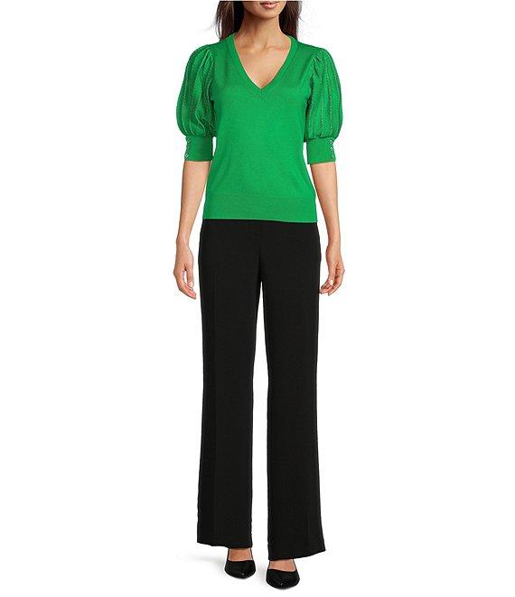 KARL LAGERFELD PARIS Knit Solid V-Neck Short Stripe Puff Sleeve Sweater Product Image