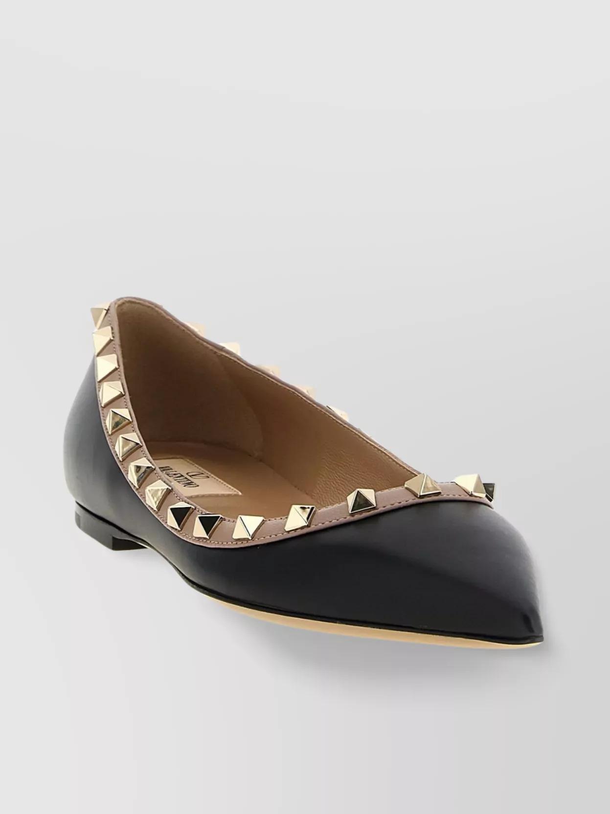 VALENTINO GARAVANI Pointed Toe Studded Trim Flat Sole Ballerina In Black Product Image