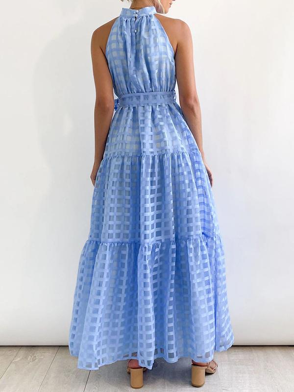 Loose Sleeveless Plaid Ribbed Stand Collar Maxi Dresses Product Image