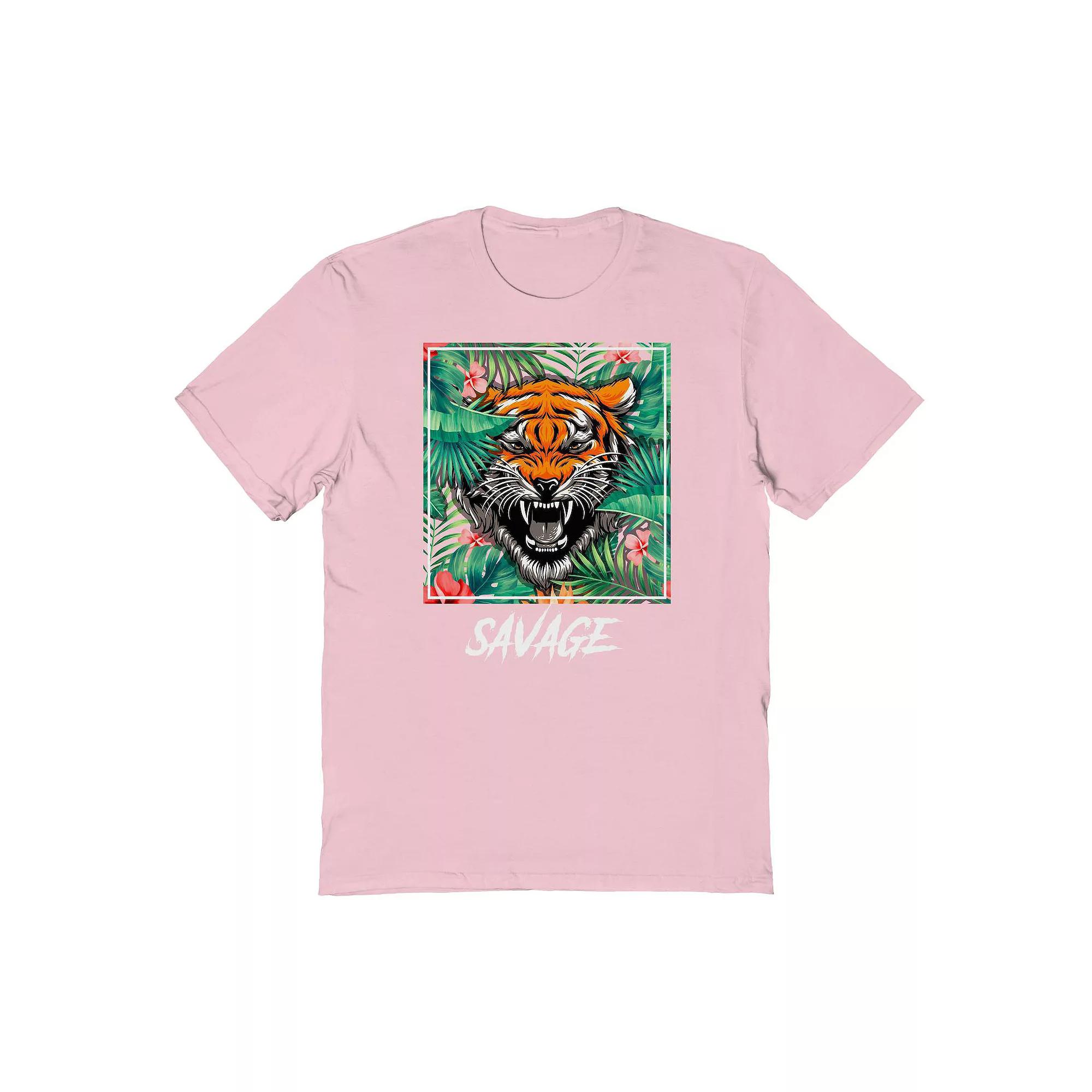 Men's "Savage" Growling Jungle Tiger Portrait Graphic Tee, Size: Medium, Light Pink Product Image