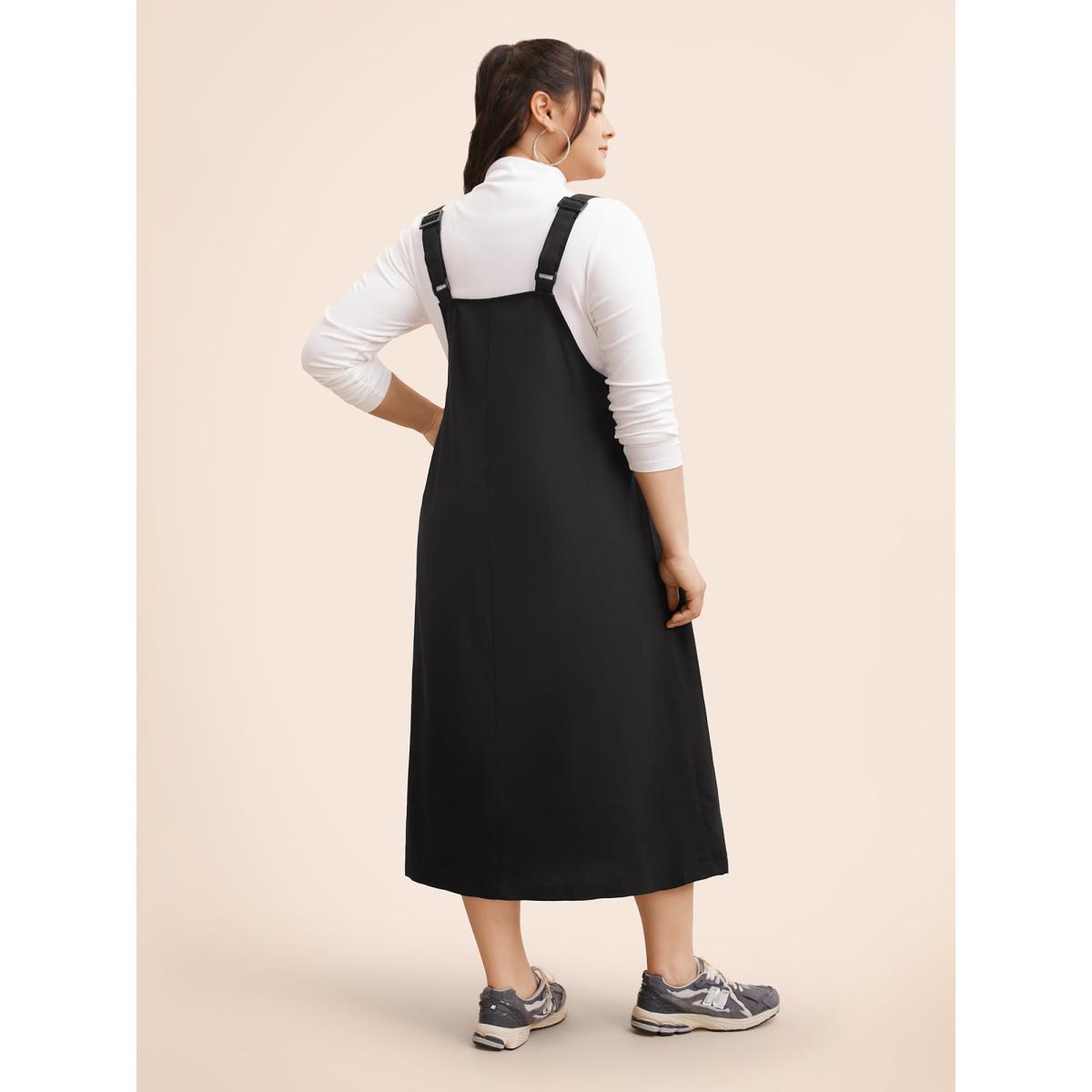 Plus Size Solid Flap Pocket Adjustable Straps Overall Dress Black Women Casual Non Non Sleeveless Curvy BloomChic 10/M Product Image