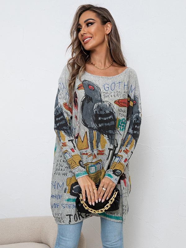 Casual Long Sleeves Loose Cartoon Printed Contrast Color Round-Neck Sweater Tops Product Image