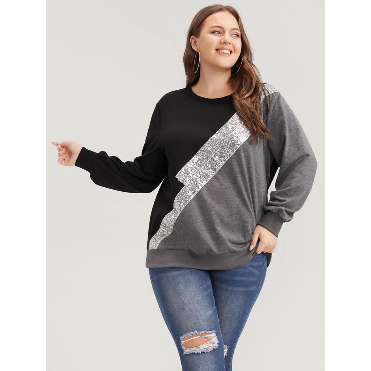 Plus Size Colorblock Contrast Sequin Drop Shoulder Sweatshirt Women DimGray Casual Contrast Round Neck Dailywear Sweatshirts BloomChic 28/5X Product Image