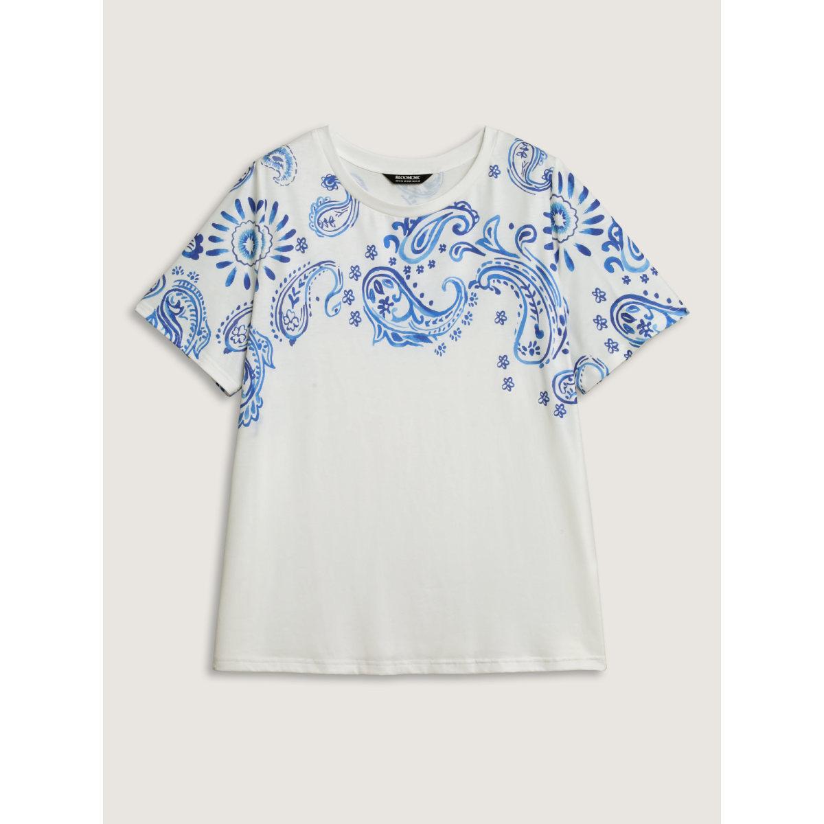 Plus Size Paisley Print Solid T-Shirt Originalwhite Women Round Neck Everyday-Casual T-shirts BloomChic 26/4X Product Image