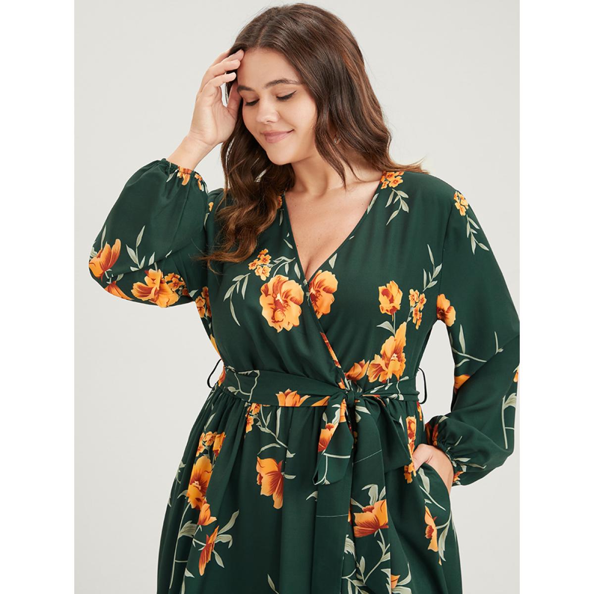 Plus Size Floral Pocket Lantern Sleeve Flutter Split Hem Ties Wrap Dress DarkGreen Women Elegant Cross straps V-neck Long Sleeve Curvy Midi Dress BloomChic 22-24/3X Product Image