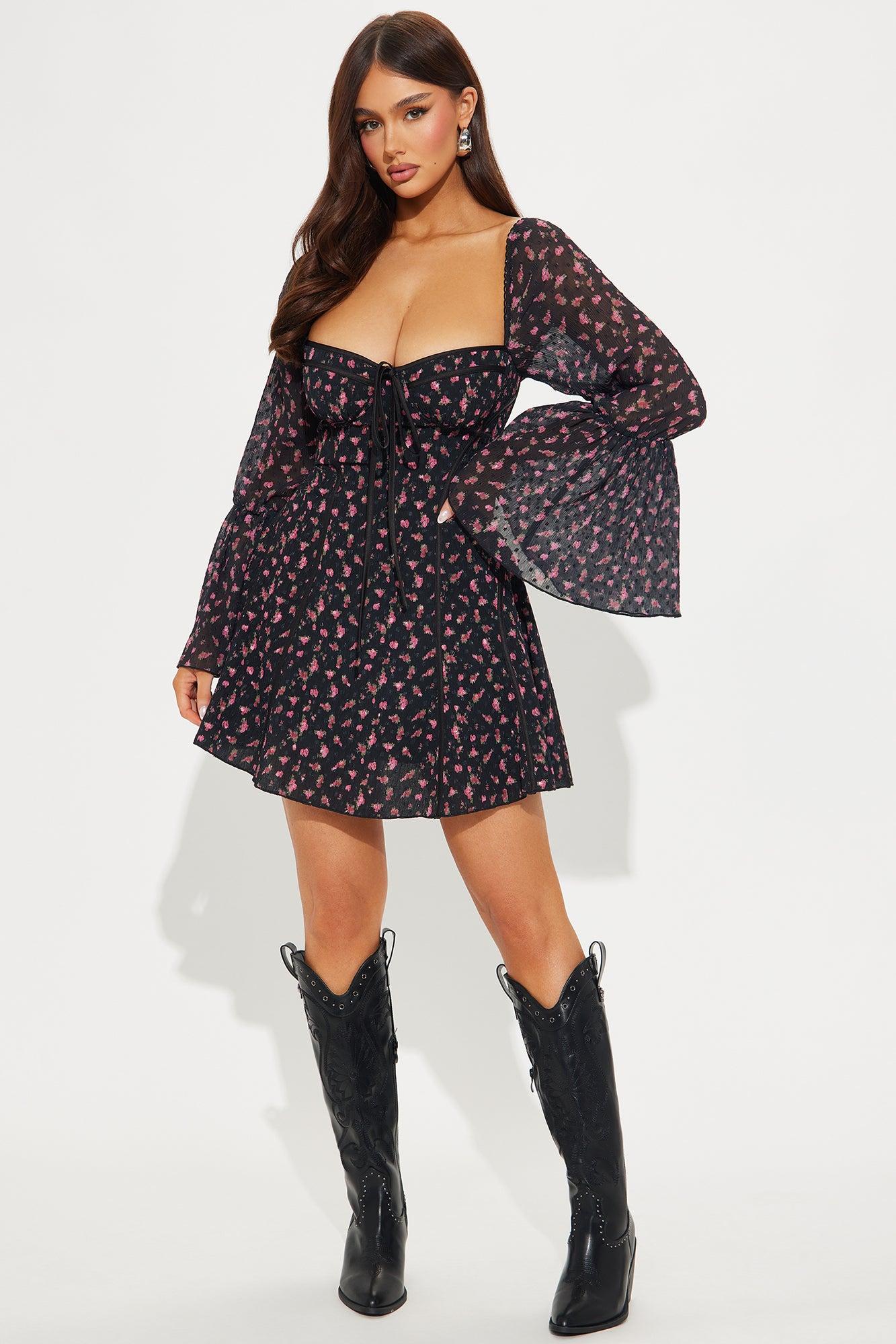 Soft Spoken Floral Mini Dress - Black Product Image