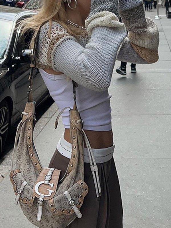 Super Crop Long Sleeve Knit Striped Crochet Top Product Image