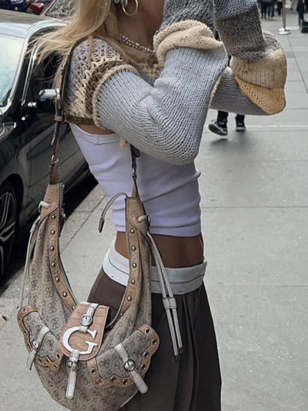 Super Crop Long Sleeve Knit Striped Crochet Top Product Image