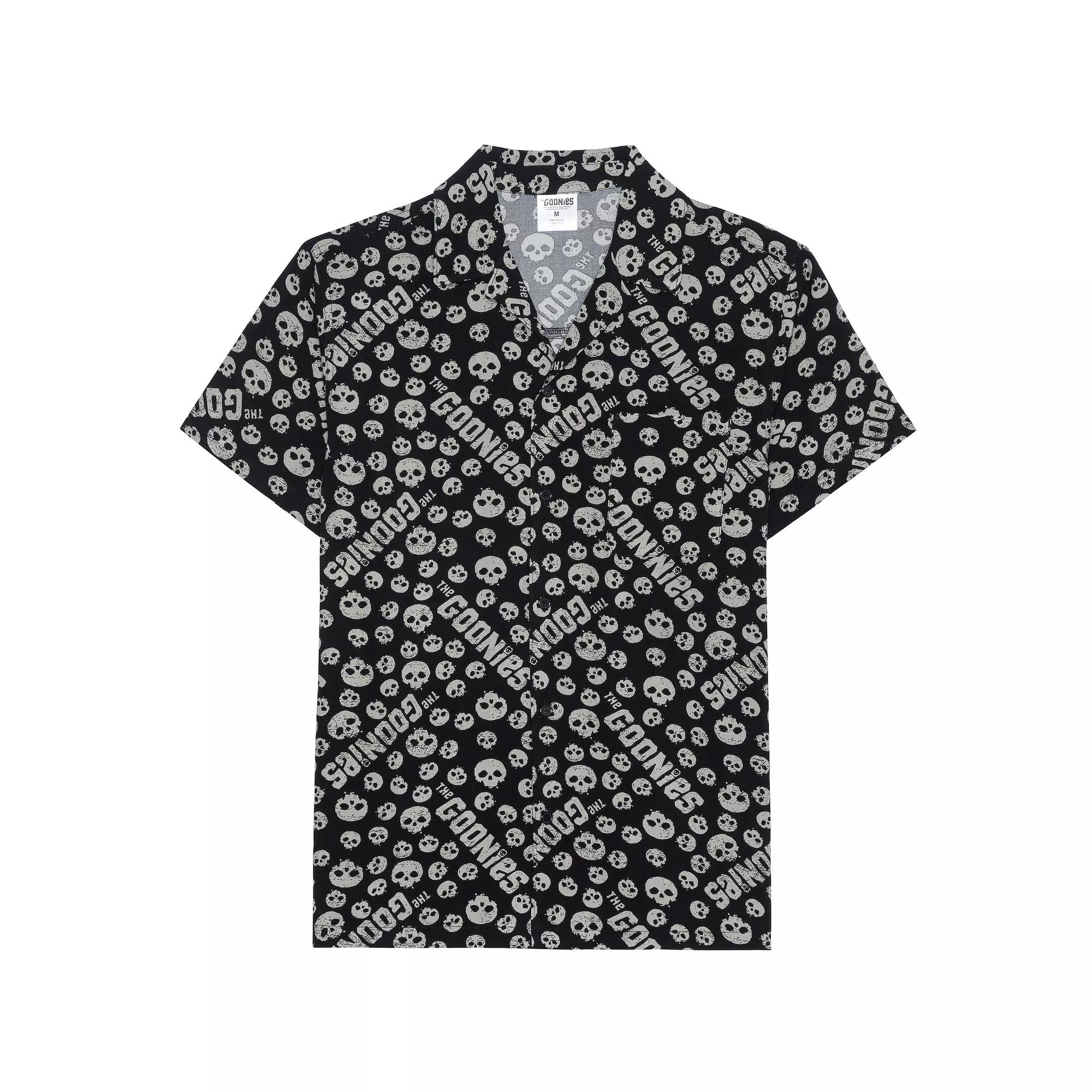 Men's Goonies Allover Print Woven Short Sleeve Button-Down Shirt, Size: Medium, Black Product Image