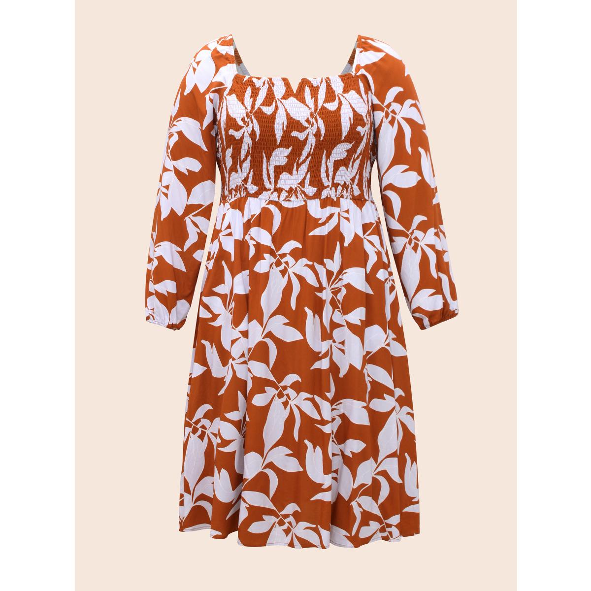 Plus Size Silhouette Floral Print Shirred Midi Dress Rust Women Elegant Shirred Square Neck Long Sleeve Curvy BloomChic 26/4X Product Image