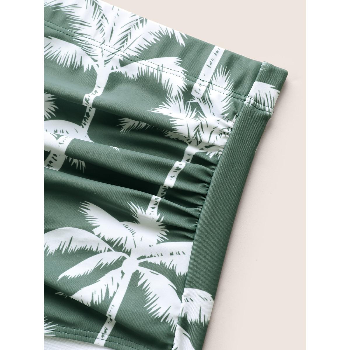Plus Size Tropical Coconut Tree Ruched Swim Dress Women's Swimwear ArmyGreen Beach Bodycon Heart neckline High stretch Curve Swim Dresses BloomChic 30/6X Product Image