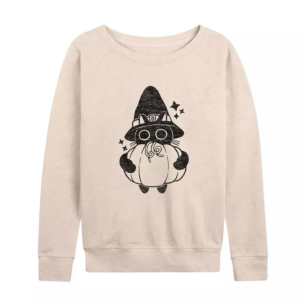 Women's Witch Cat With Pumpkin Halloween French Terry Long Sleeve Tee,  Product Image