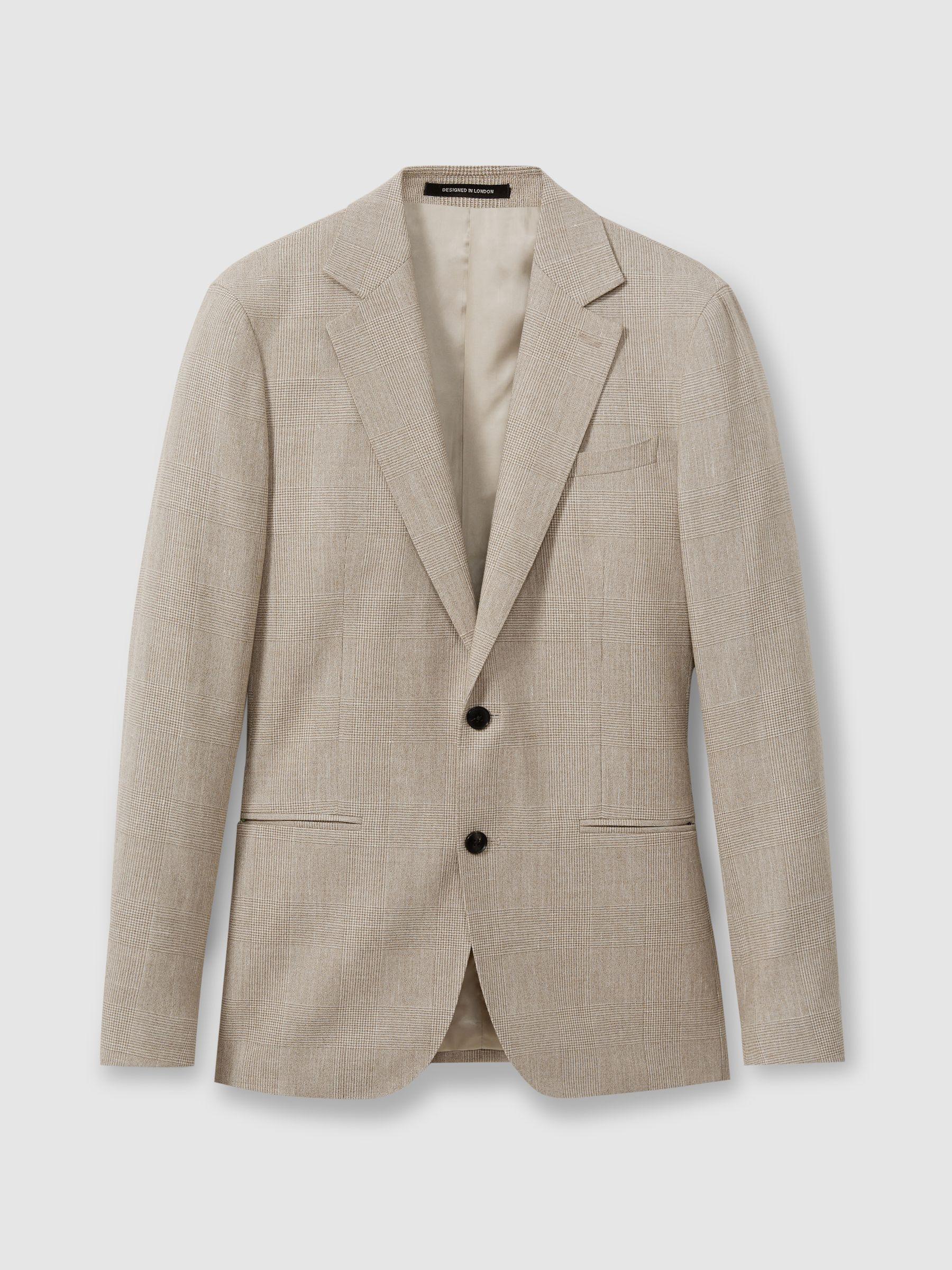 Checked Single Breasted Blazer in Wool-Linen in Oatmeal Product Image