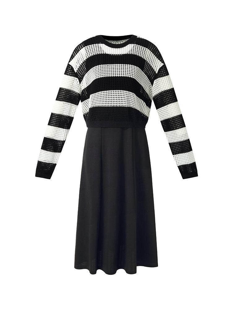 Triacetate Knit Vest Dress And Stripe Open-Knit Sweater Two-Piece Set Product Image