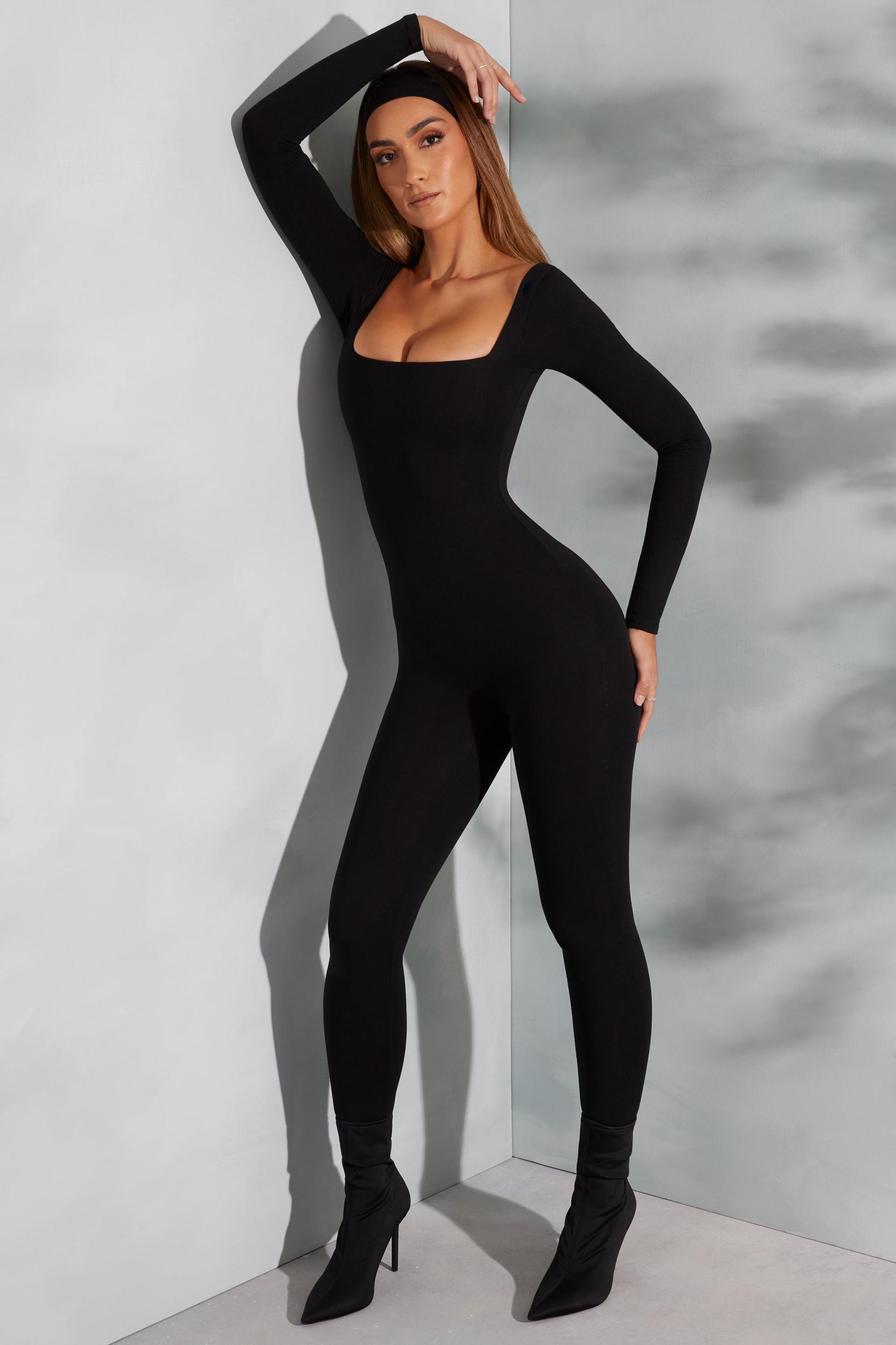 Square Neck Long Sleeve Jumpsuit in Black Product Image