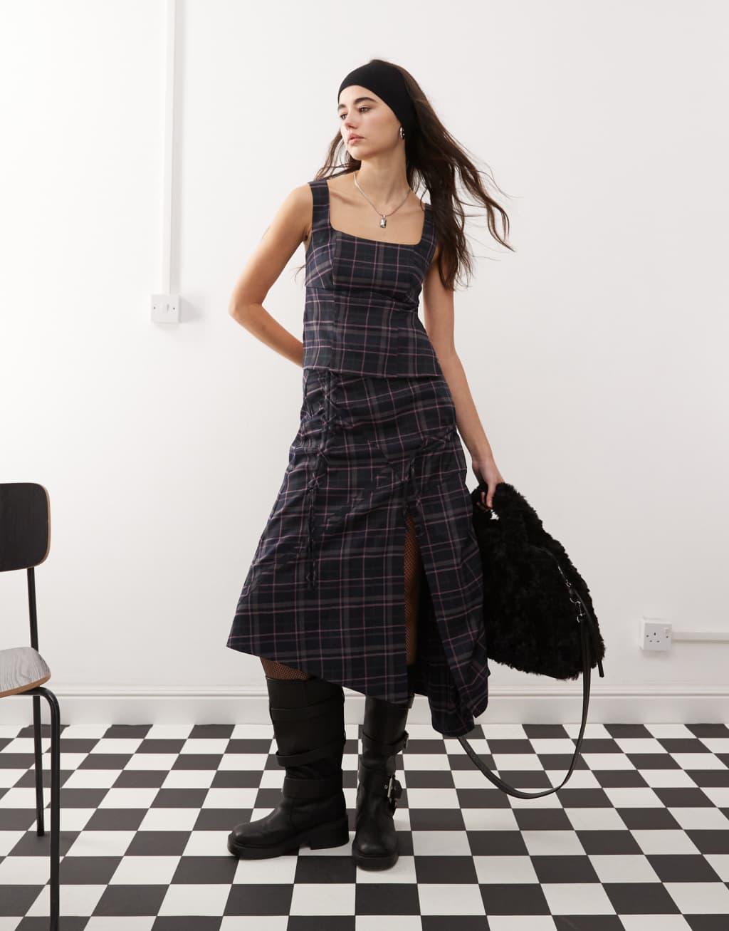 COLLUSION tie back cami top in multi plaid - part of a set Product Image
