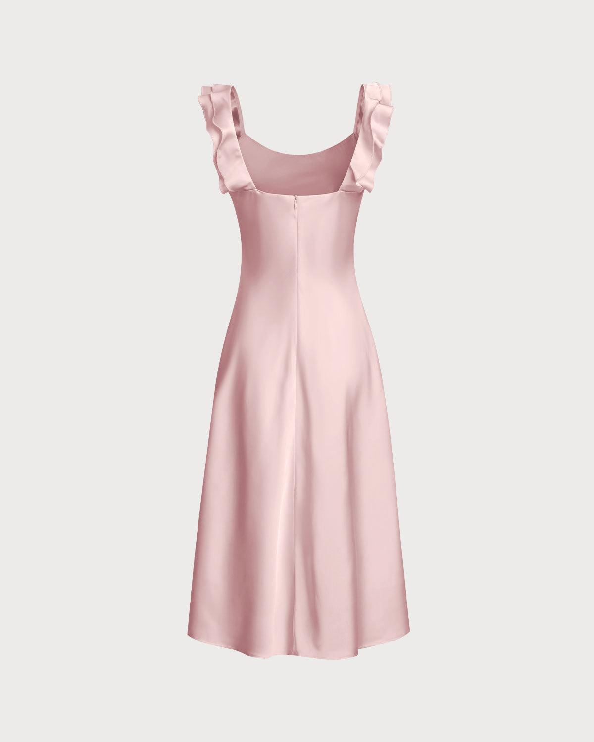 Pink Square Neck Ruffle Satin Midi Dress Product Image
