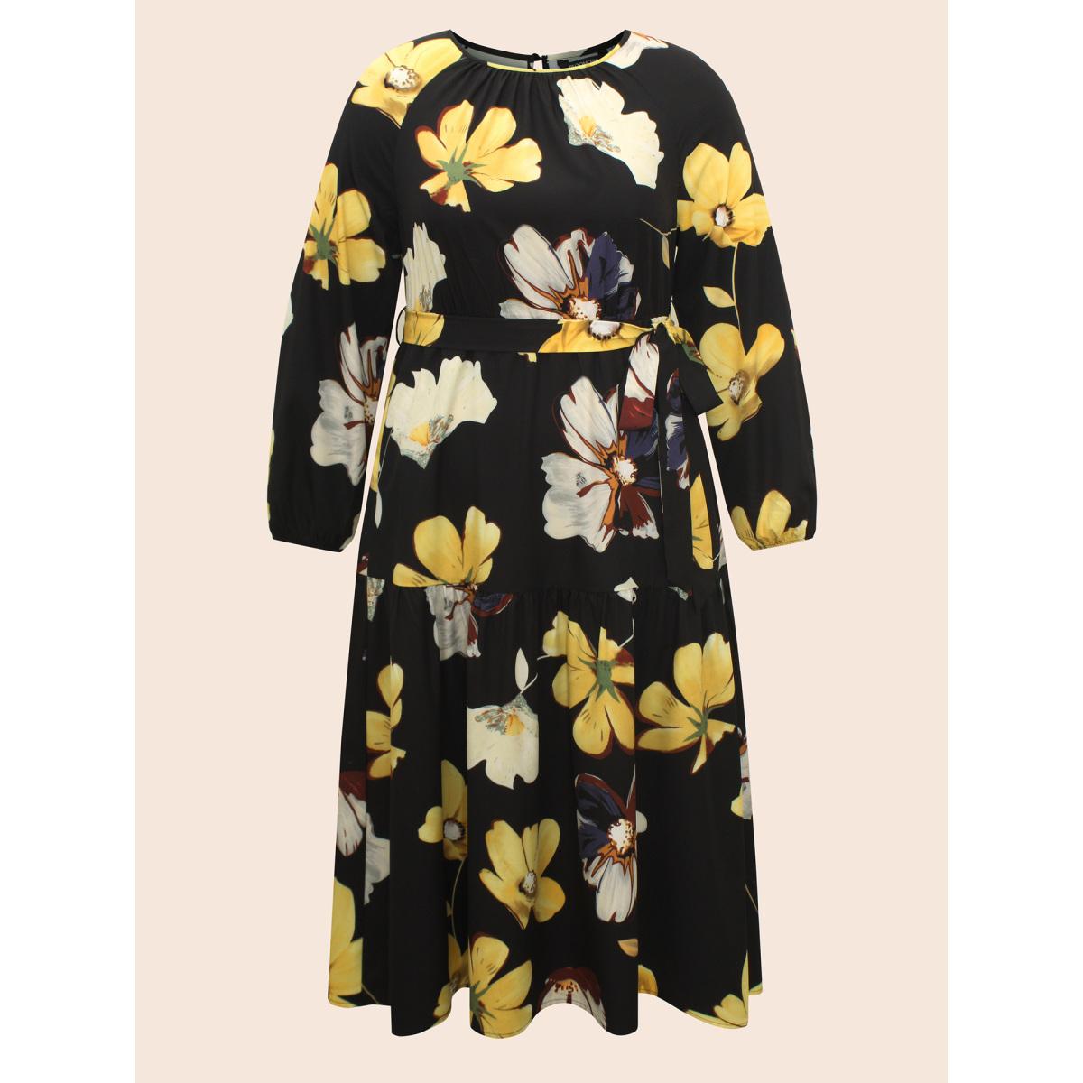 Plus Size Floral Round Neck Gathered Belted Dress Black Women Elegant Gathered Round Neck Long Sleeve Curvy BloomChic 30/6X Product Image