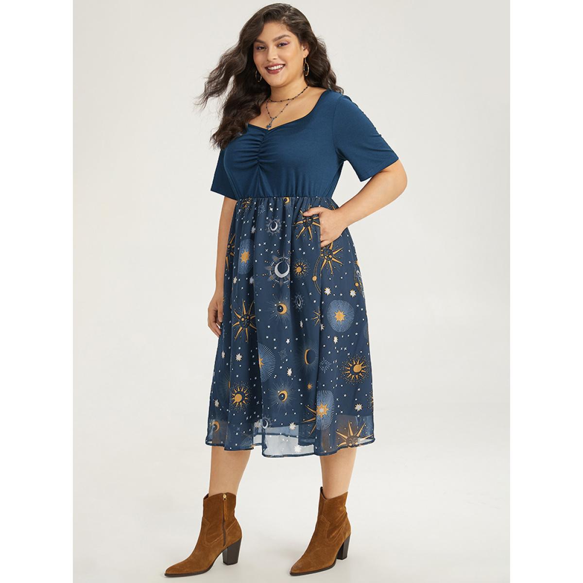 Plus Size Halloween Moon & Star Print Ruched Patchwork Dress Burgundy Women Elegant Gathered Square Neck Short sleeve Curvy Midi Dress BloomChic 14-16/1X Product Image