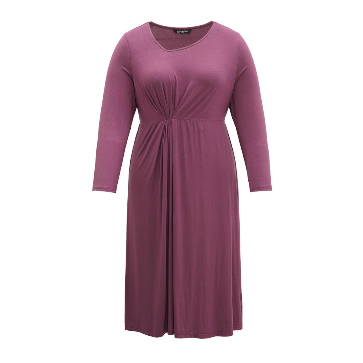 Plus Size Solid Twist Front Gathered Split Hem Dress Mauve Women Office Plain Asymmetrical Neck Long Sleeve Curvy Midi Dress BloomChic 26/4X Product Image