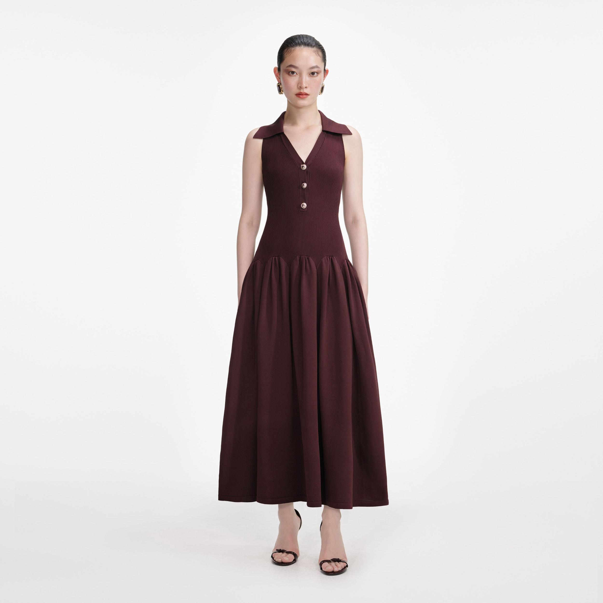 Brown Ribbed Knit Midi Dress Product Image
