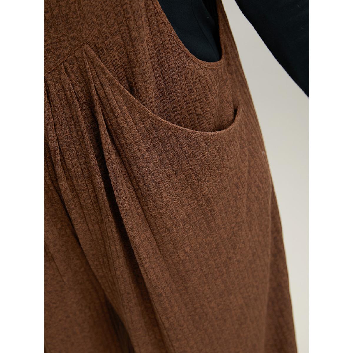 Plus Size DarkBrown Solid Pocket Pleated Adjustable Straps Jumpsuit Women Casual Sleeveless Spaghetti Strap Dailywear Loose Jumpsuits BloomChic 12/L Product Image