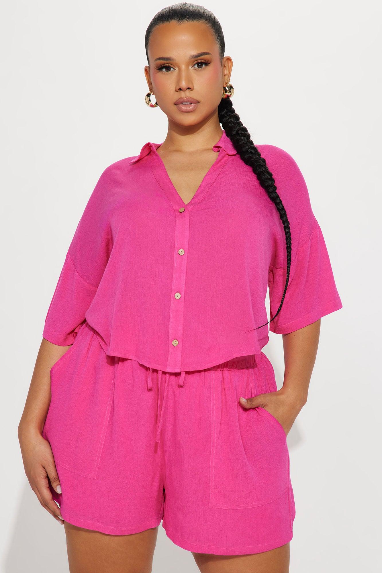 By The Coast Gauze Short Set - Hot Pink Product Image