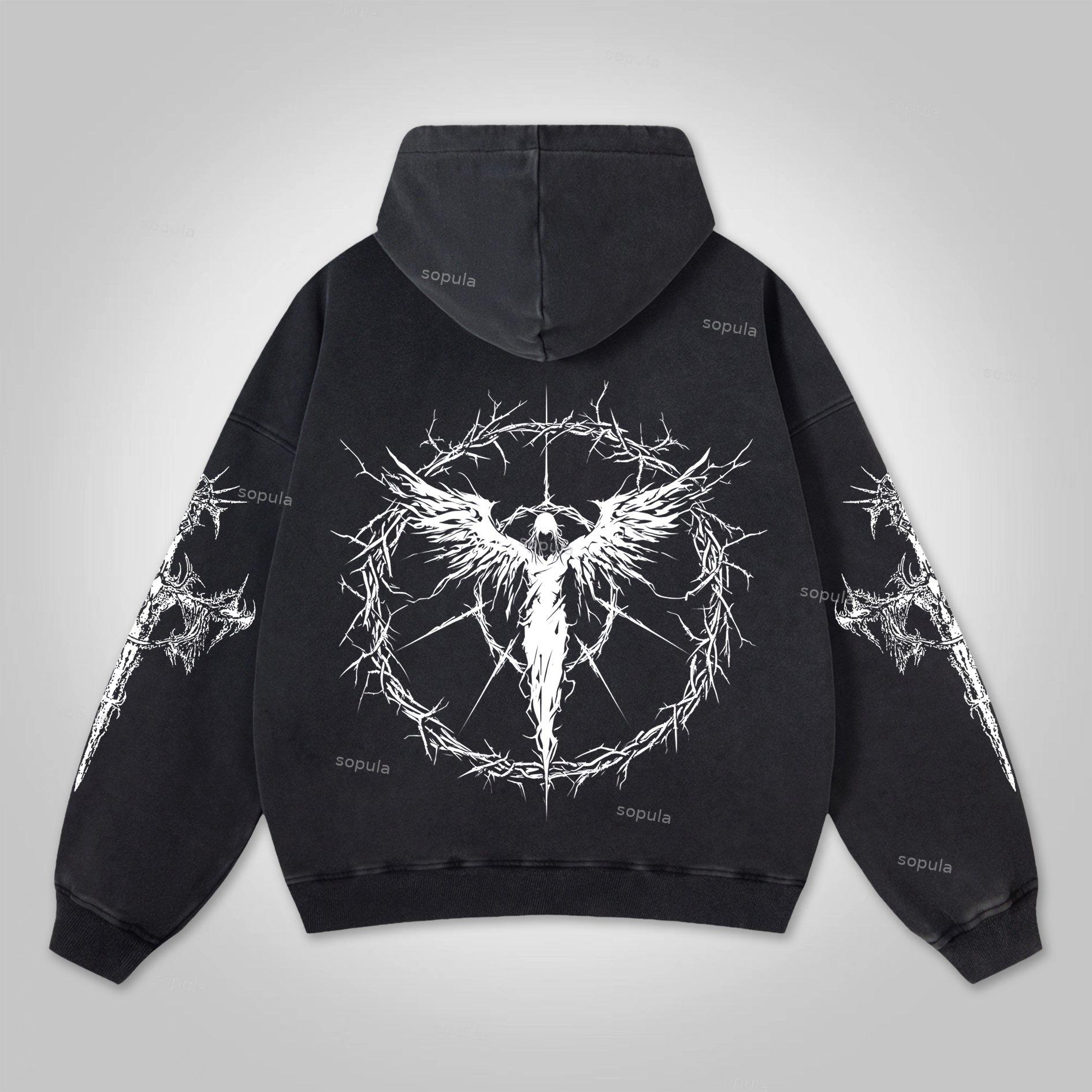 Sopula Vintage Angels Descend Cross Graphic Washed Distressed Pocket Hoodie Product Image