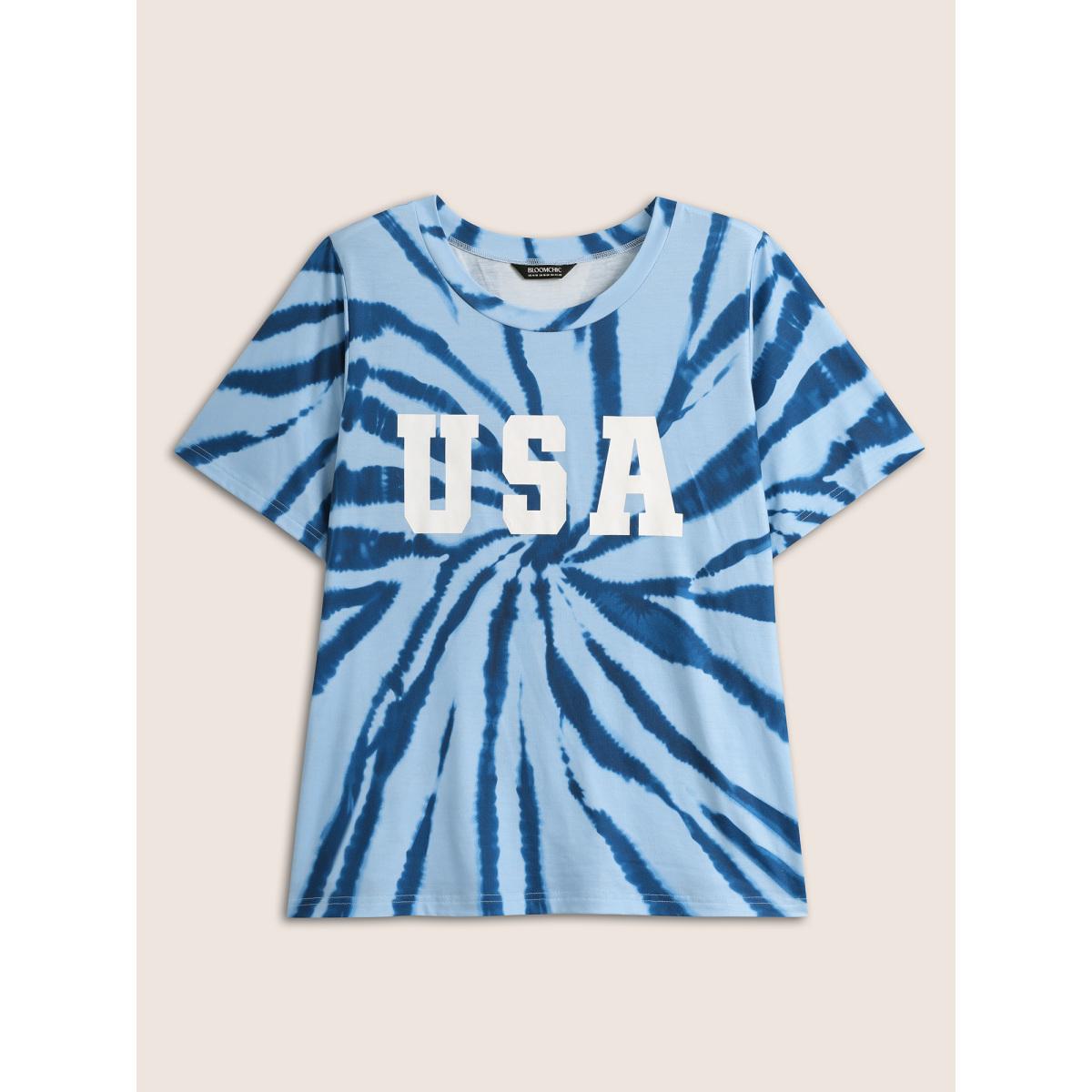 Plus Size USA Print Round Neck Tie Dye T-Shirt DarkBlue Women Casual Contrast Art&design Round Neck Everyday T-shirts BloomChic 14-16/1X Product Image
