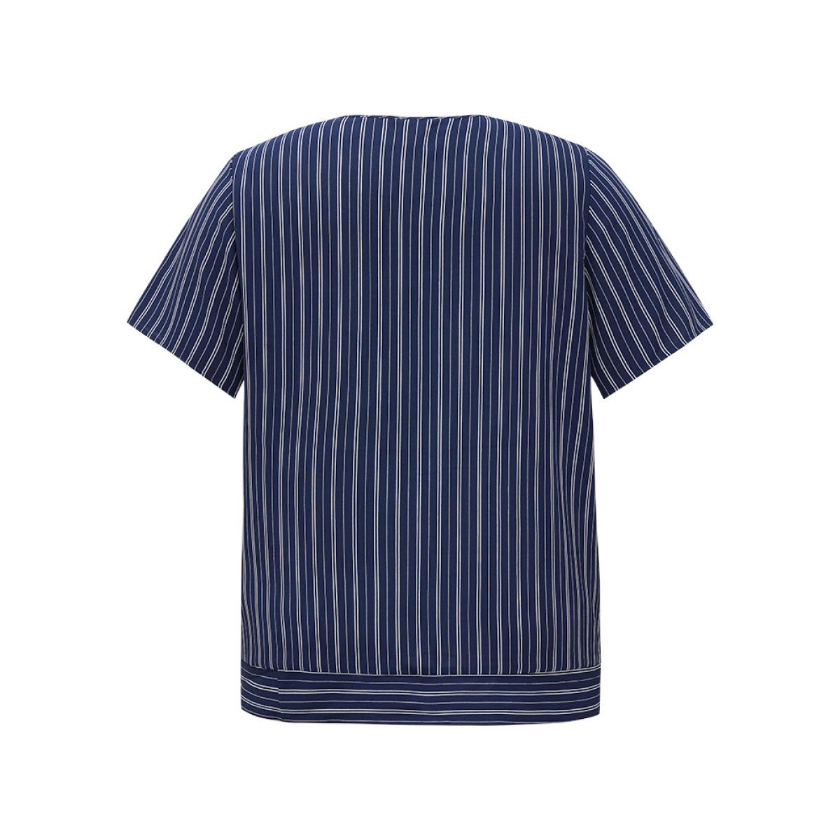 Plus Size DarkBlue Striped Print Asymmetrical Neck Blouse Women Office Short sleeve Asymmetrical Neck Work Blouses BloomChic 26/4X Product Image