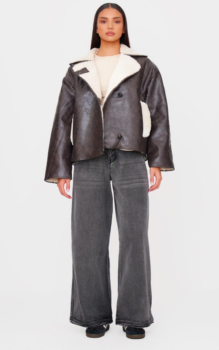 Washed Brown Distressed Faux Leather Borg Contrast Aviator Jacket Product Image