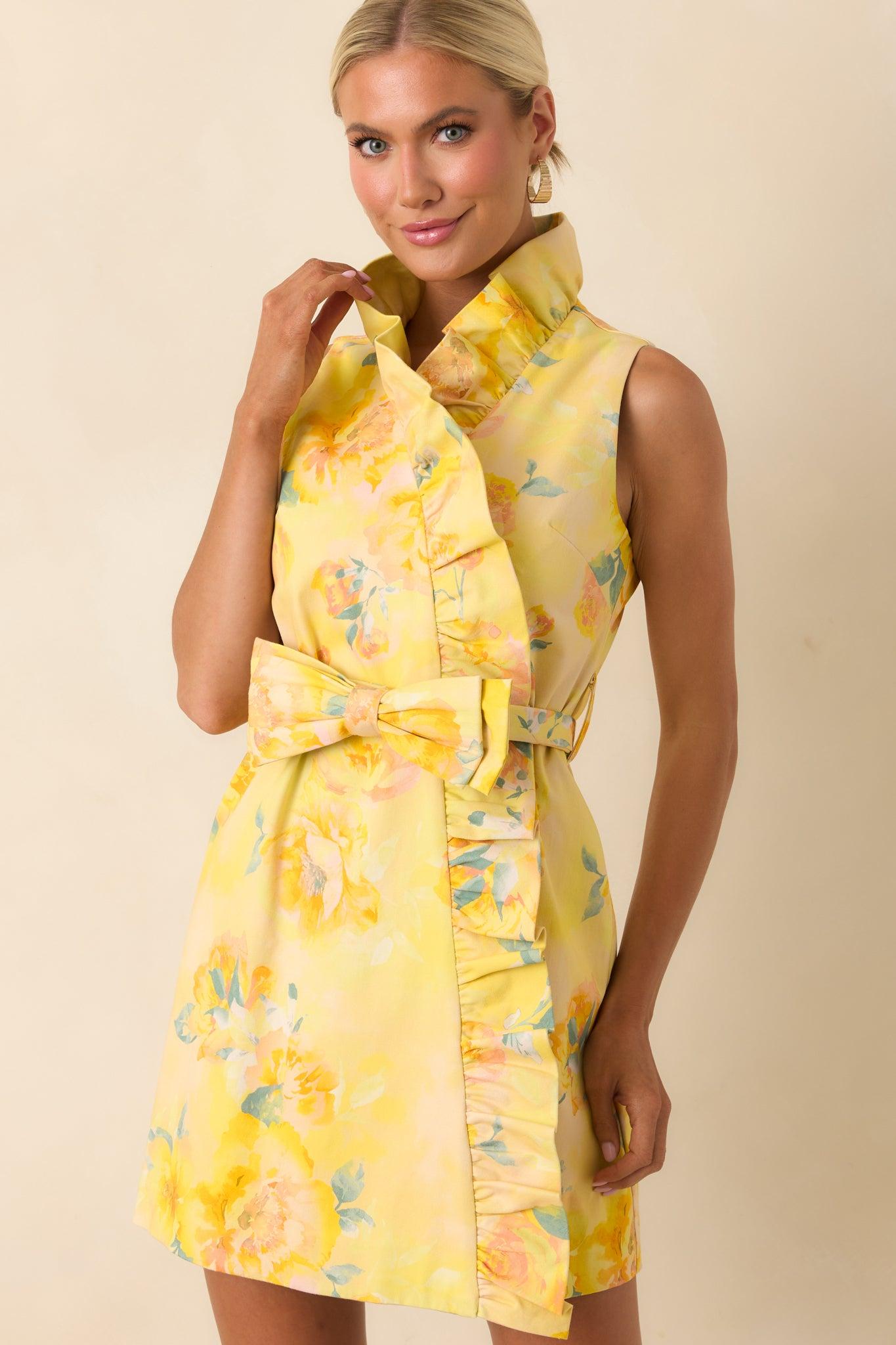 Prosperina Lilly Butter Yellow Multi Floral Silky Ruffle Mini Dress Product Image