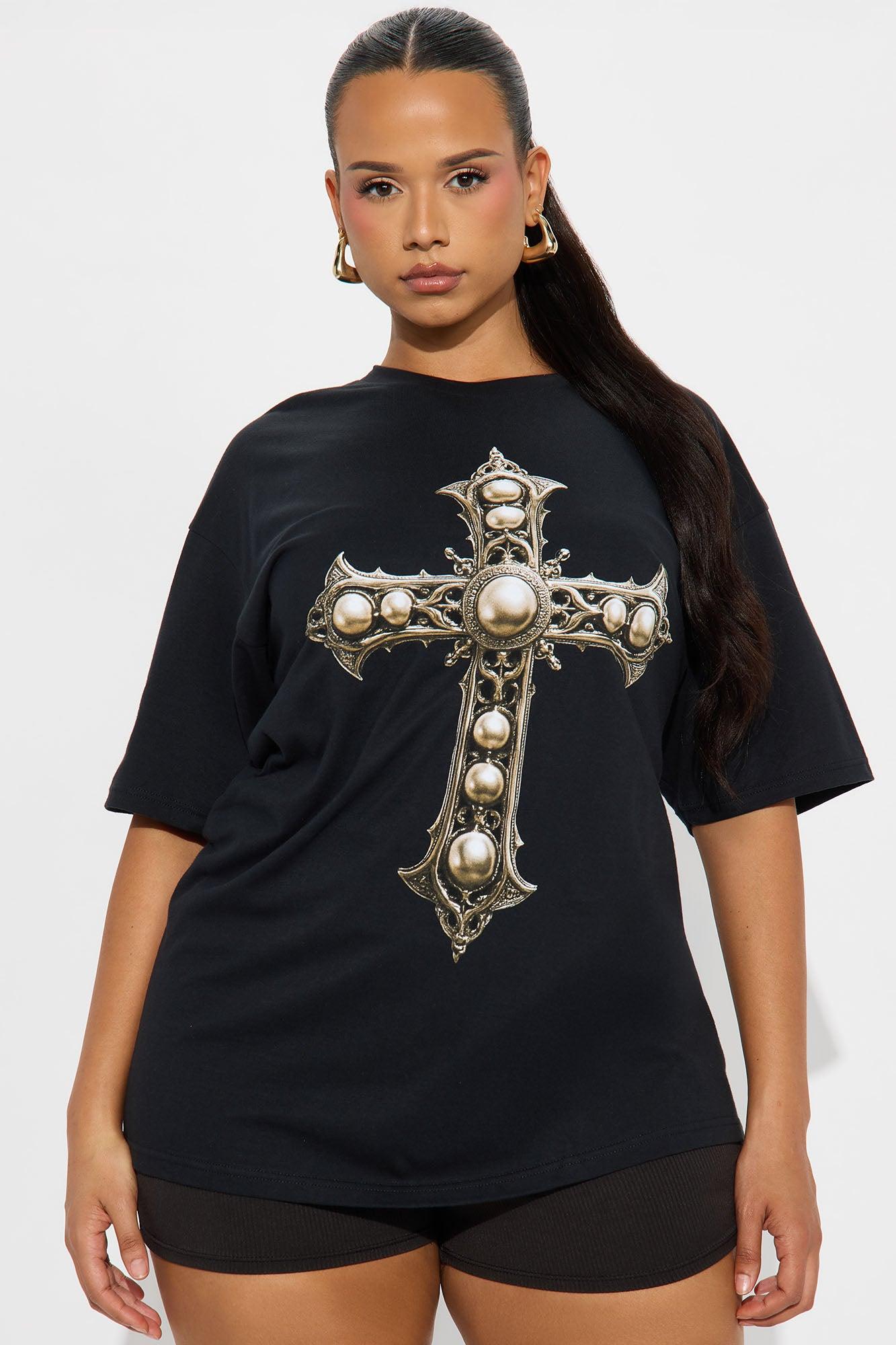 Gothic Cross With Pearls Tee - Black Female Product Image