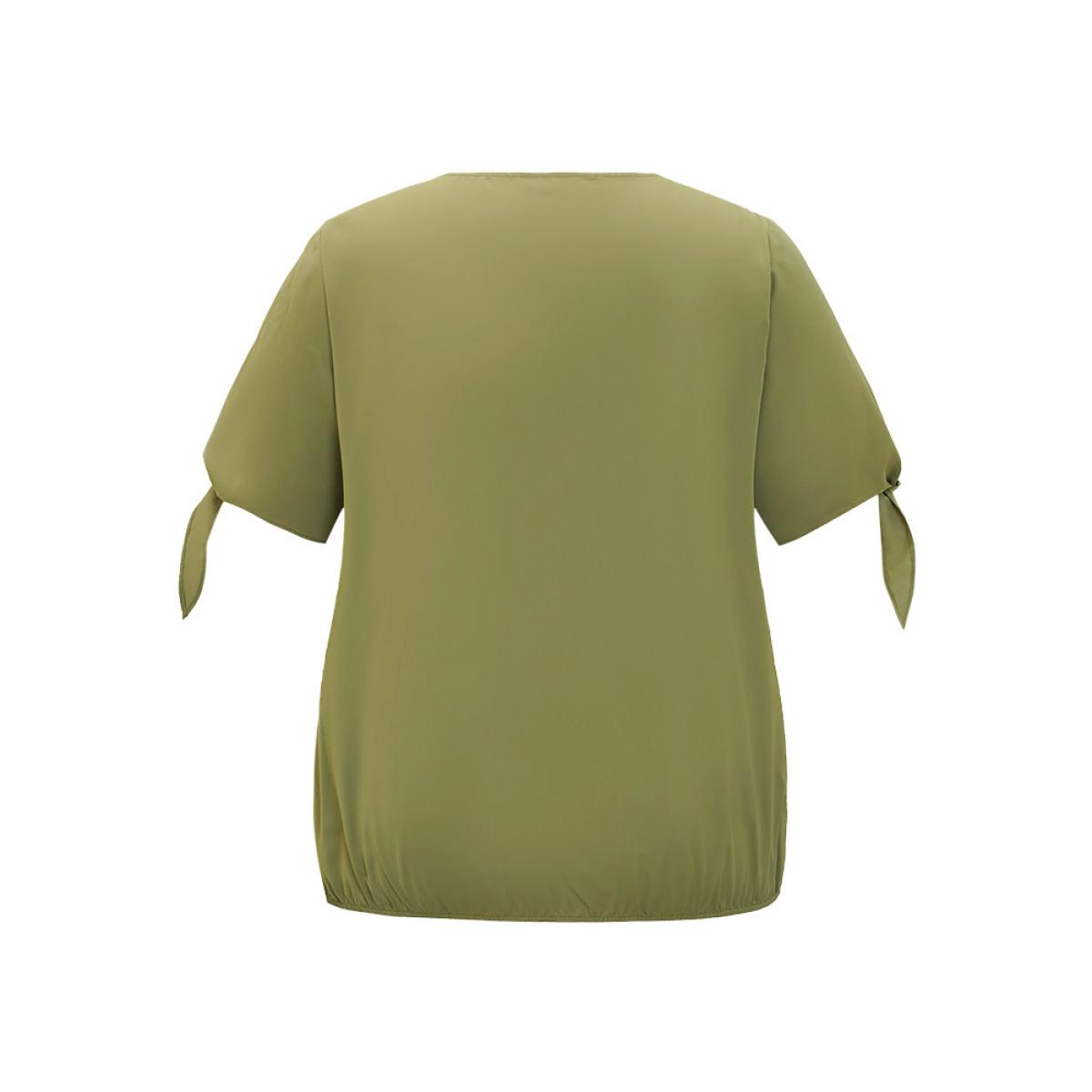 Plus Size ArmyGreen Plain Wrap Cut Out Knot Sleeve Blouse Women Office Short sleeve V-neck Dailywear Blouses BloomChic 30/6X Product Image