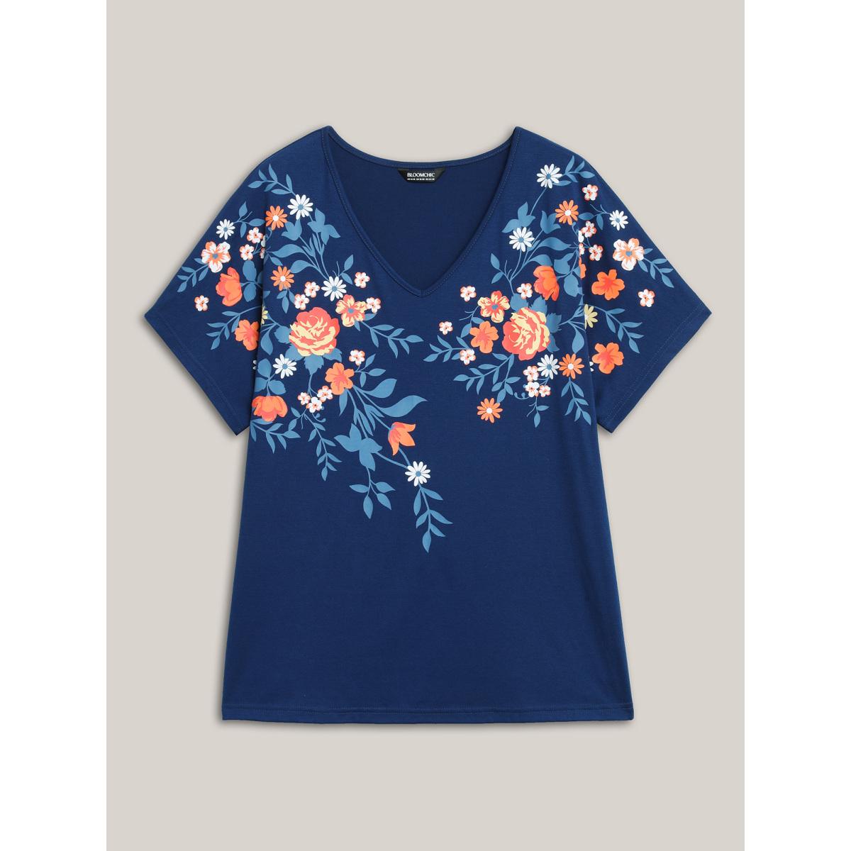 Plus Size V Neck Floral Print Stretchy T-Shirt Navy Women Non V-neck Everyday-Elegant T-shirts BloomChic 12/L Product Image