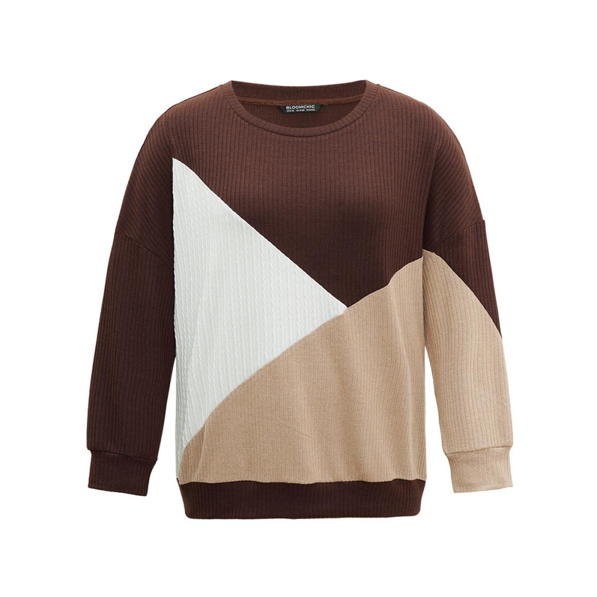 Plus Size Rib Knit Colorblock Contrast Drop Shoulder Sweatshirt Women Multicolor Casual Texture Round Neck Dailywear Sweatshirts BloomChic 10/M Product Image