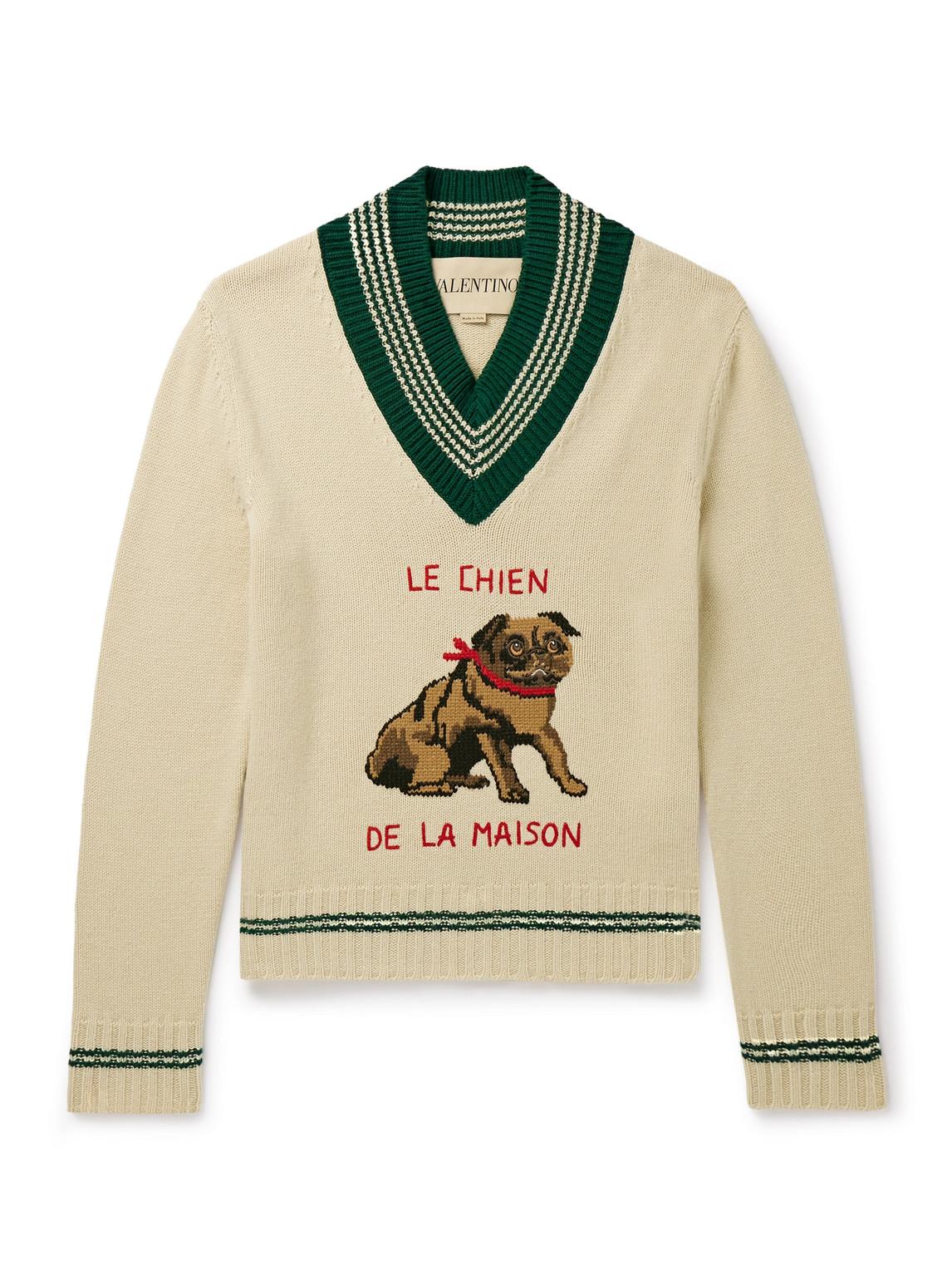 VALENTINO Embroidered V-neck Crewneck Sweater With Ribbed Trim In White Product Image