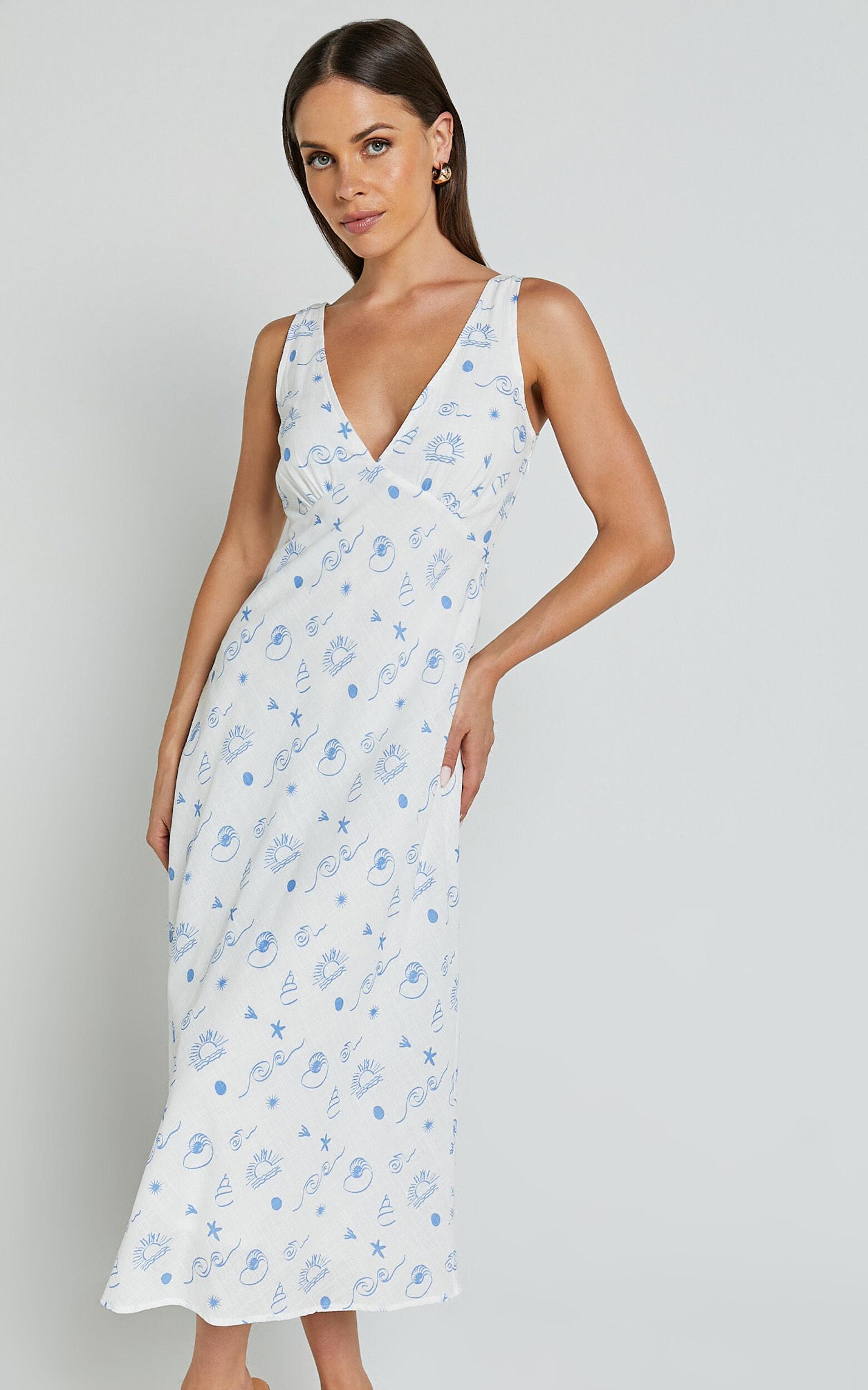Becca Midi Dress - Ruched Bust Sleeveless V Neck Dress in Blue Print Product Image