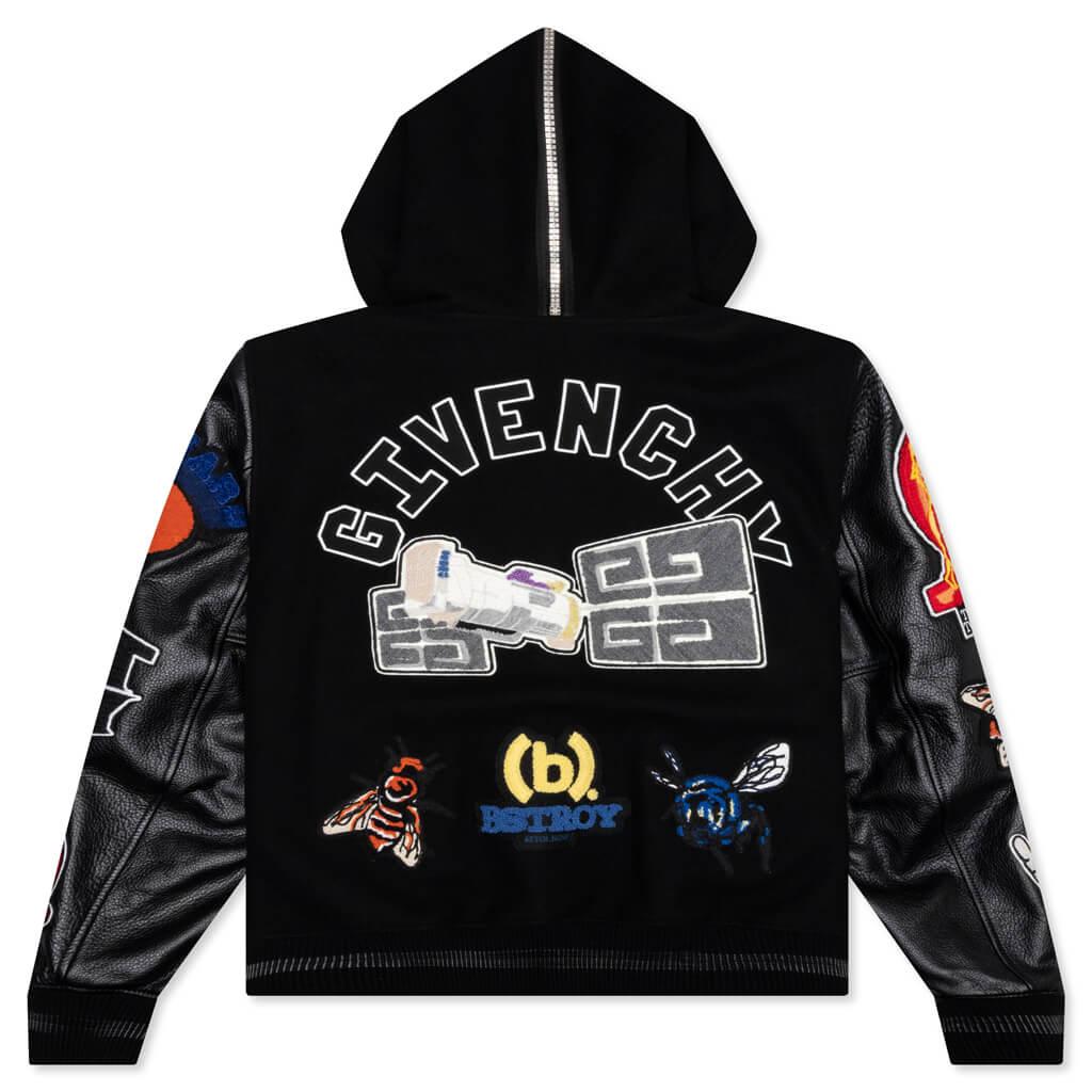 Wool and Leather Hooded Varsity Jacket - Black Male Product Image