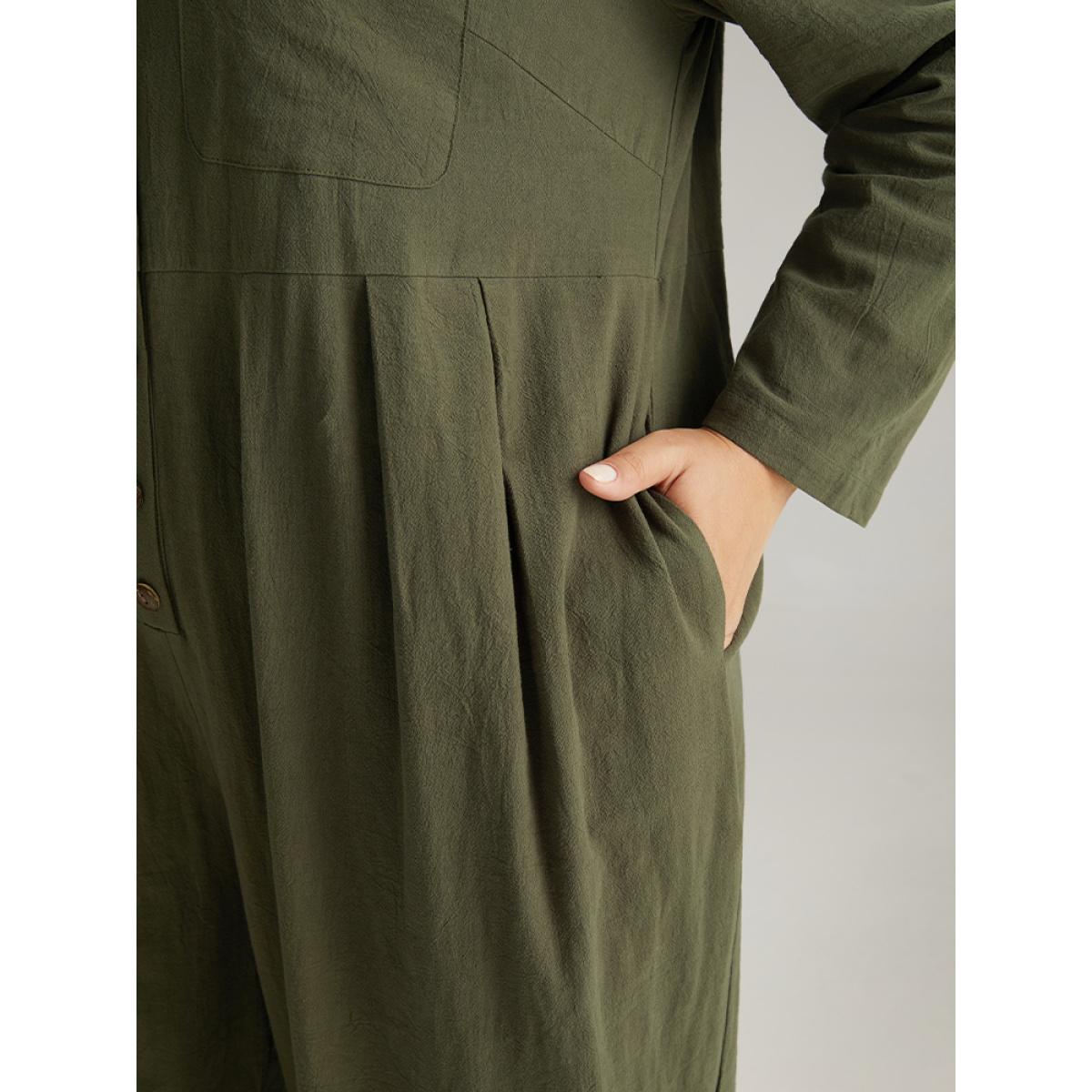 Plus Size ArmyGreen Plain Pocket Button Up Pleated Jumpsuit Women Basics Long Sleeve Round Neck Everyday Loose Jumpsuits BloomChic 28/5X Product Image
