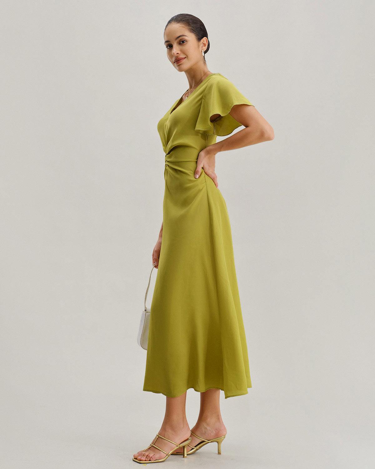 Green V Neck Ruffle Sleeve Midi Dress Product Image