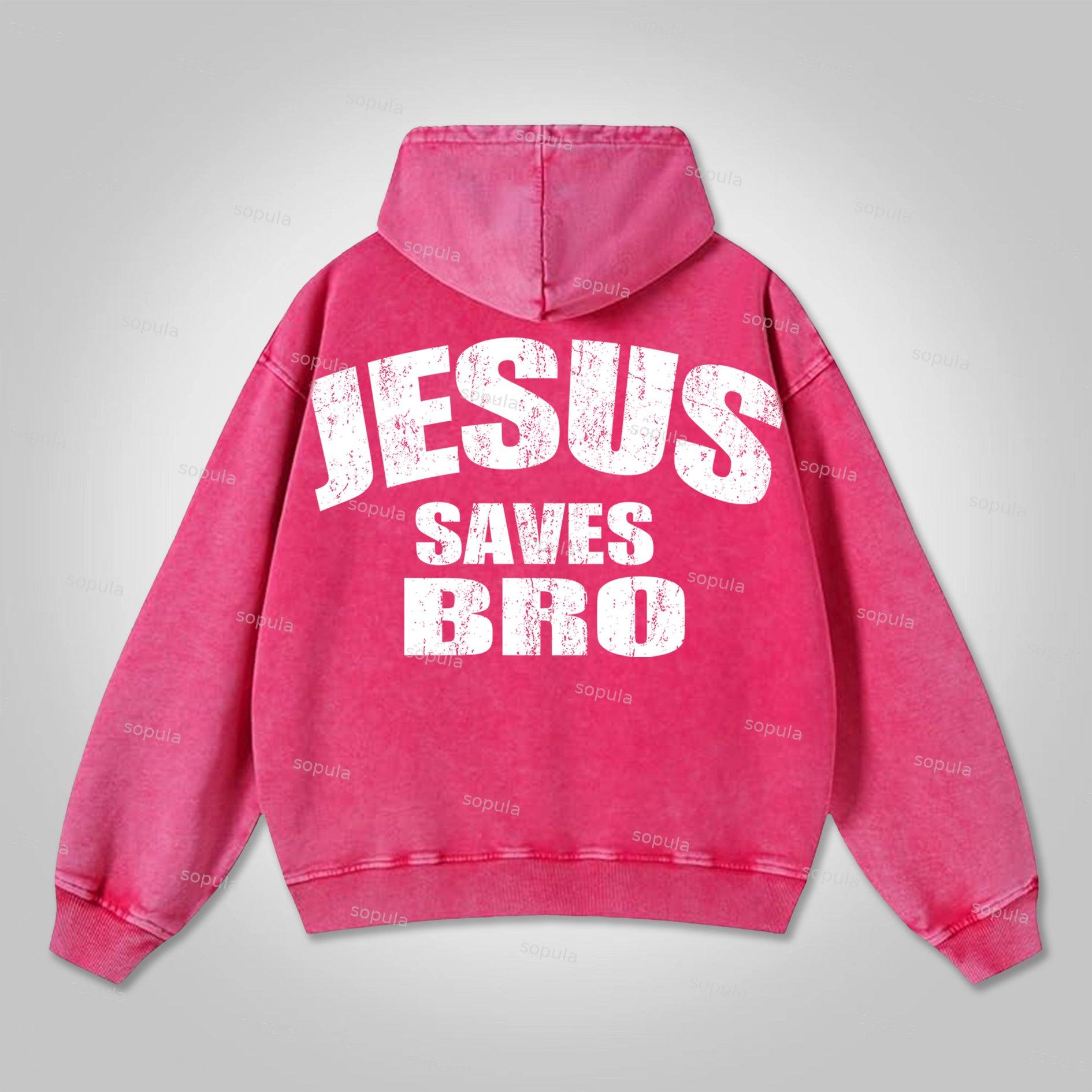 Sopula Vintage Jesus Saves Bro Print Washed Hoodie Product Image